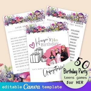 50pc Teen Birthday Girls Party Games Bundle, Printable Games for Her, Kids Mega Game Set for Birthday Party, Editable Canva Game Templates
