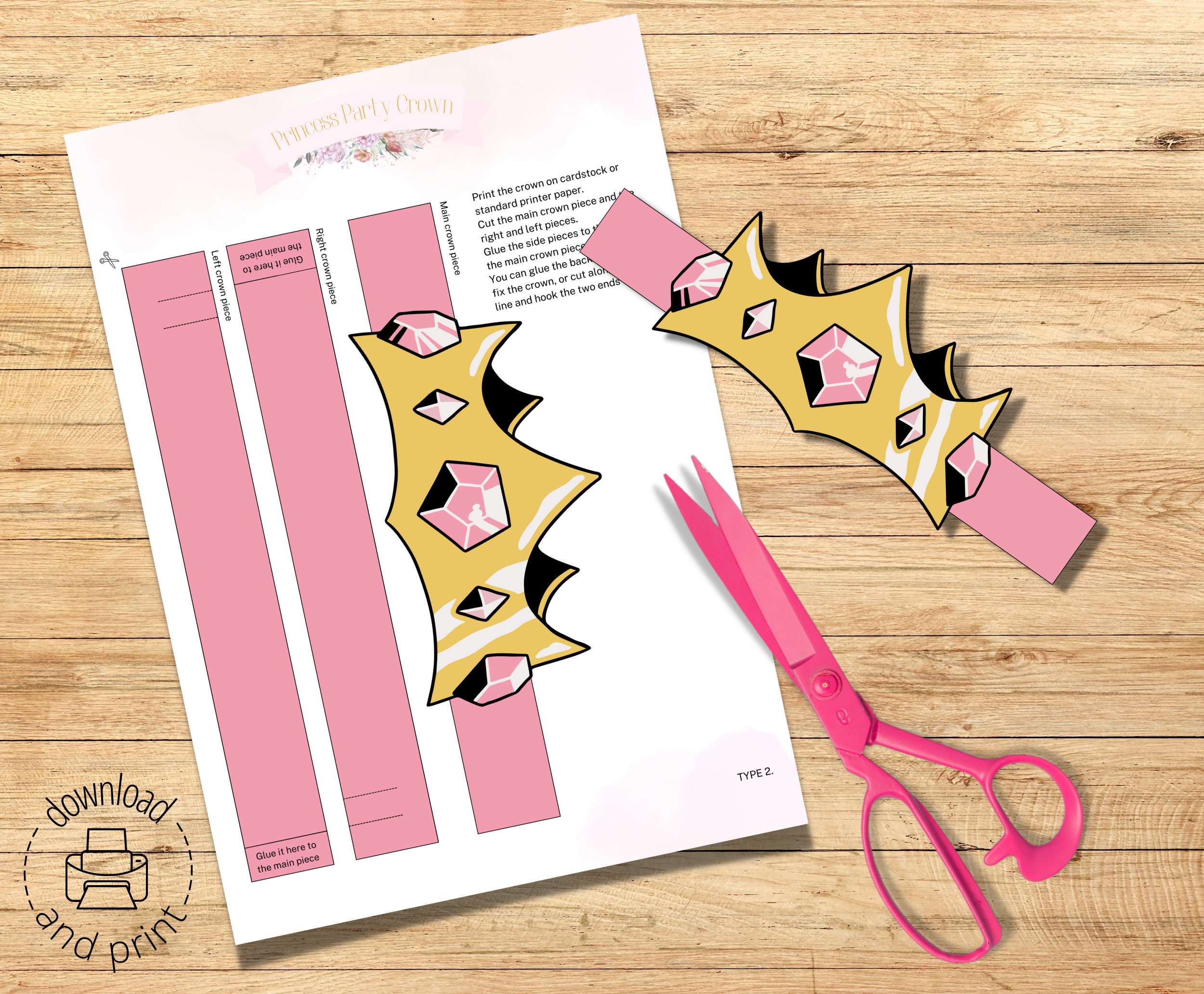 Princess Paper Crown, 5 Pc Printable Birthday Party Kid Craft ...