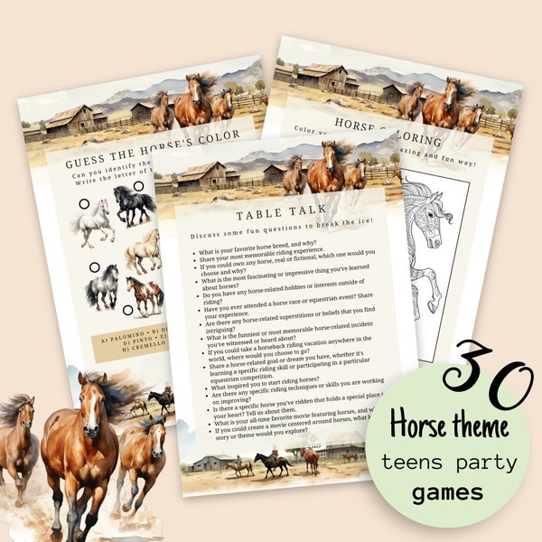 30pc Horse Lovers Party Games Bundle, Printable Games for Riders, Equestrian Fan Mega Game Set for Parties, Instant Download Game for Teens