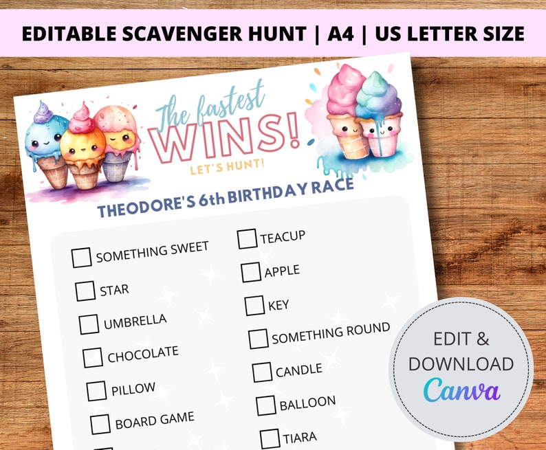 Fully Editable Printable Scavenger Hunt Template, Personalizable Party