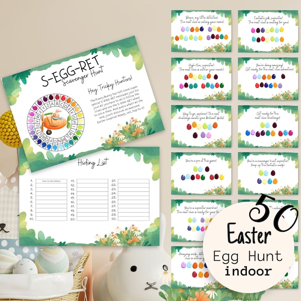 S-EGG-RET Printable Kids Indoor 50 Clue Easter Egg Scavenger Hunt, Instant Download Children Bunny Hunt Game, Easter Egg Hunt Game