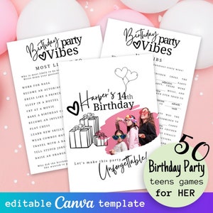 50pc Teen Birthday Girls Party Games Bundle, Printable Games for Her, Kids Mega Game Set for Birthday Party, Editable Canva Game Templates