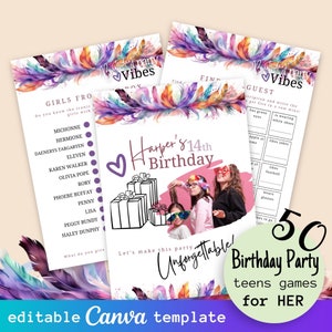 50pc Teen Birthday Girls Party Games Bundle, Printable Games for Her, Kids Mega Game Set for Birthday Party, Editable Canva Game Templates