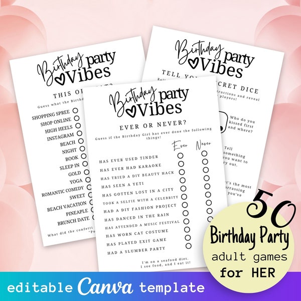 50pc Adult Birthday Party Games Bundle for Girls, Printable Games for Her, Ladies Mega Set for Birthday Party, Editable Canva Game Templates