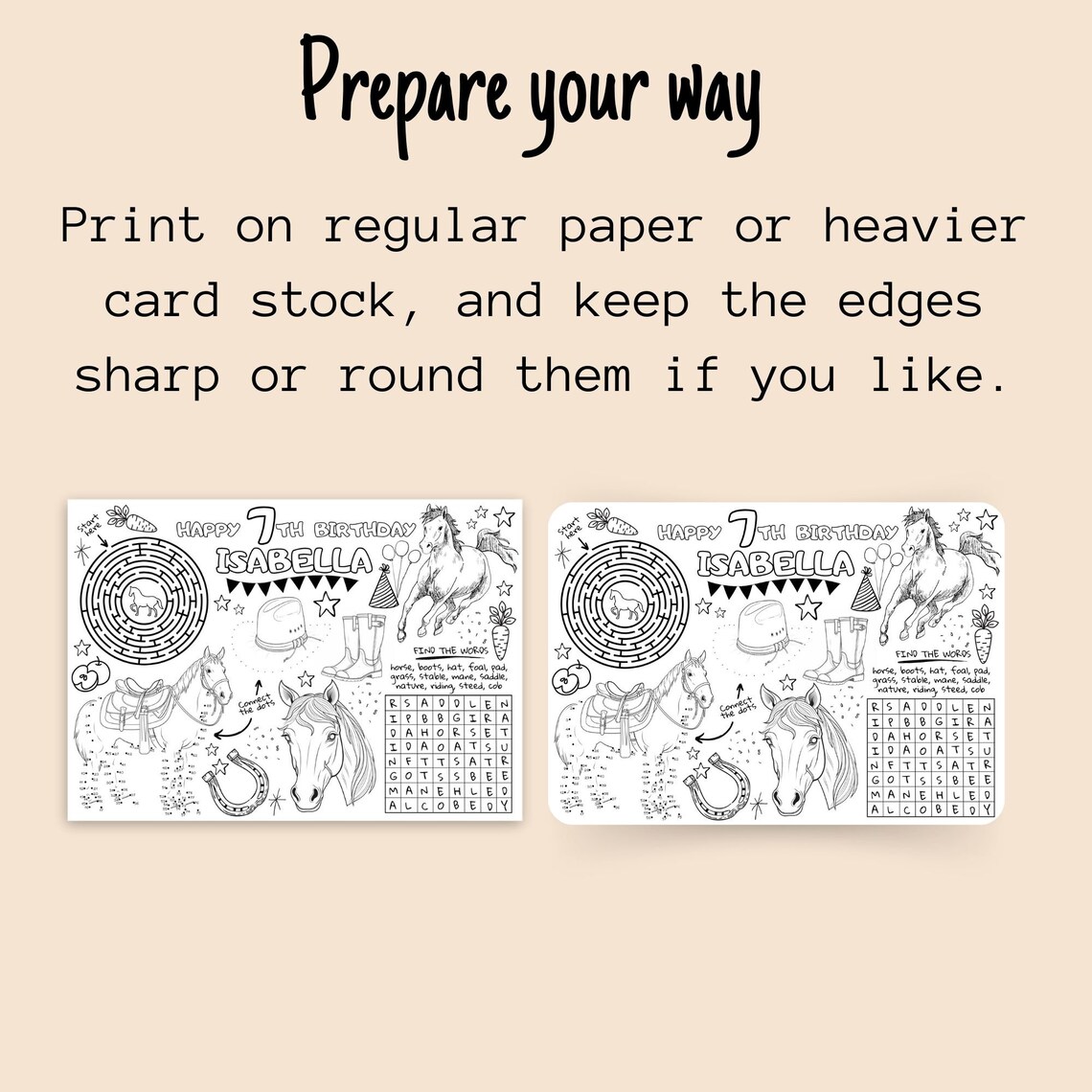 EDITABLE Kids Party Horse Themed Activity Sheet, Personalized Birthday ...