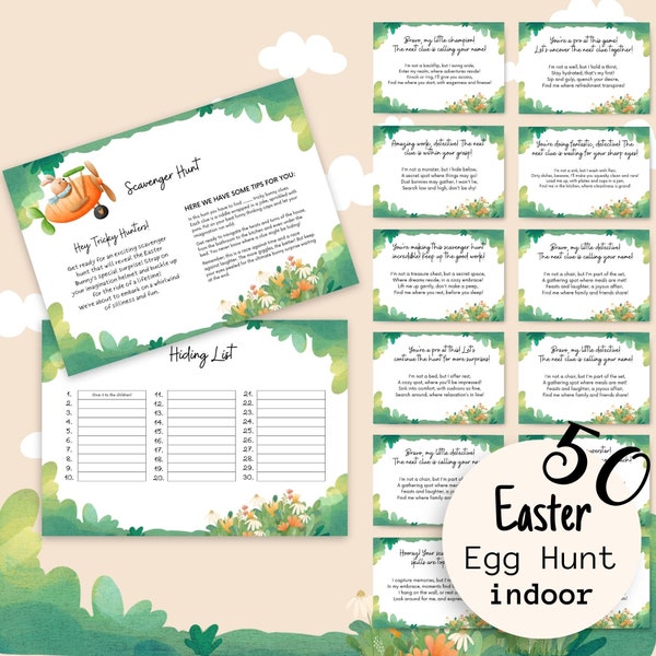 Printable Kids Outdoor 50 Clue Easter Riddle Scavenger Hunt, Instant Download Children Bunny Hunt Game, Easter Egg Hunt Game, Instant Game