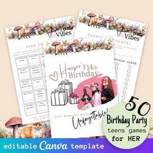50pc Teen Birthday Girls Party Games Bundle, Printable Games for Her, Kids Mega Game Set for Birthday Party, Editable Canva Game Templates
