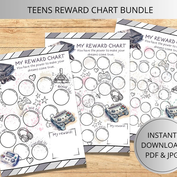 Printable Teen Video Game Reward Chart, Kids Behavior Core Chart PDF Instant Download, Toddlers Teens Positive Reinforcement Program Sticker