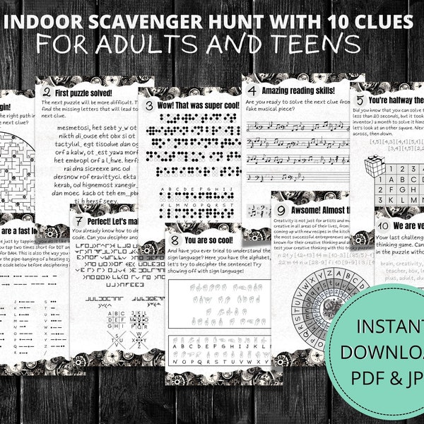 Printable Adult Indoor Scavenger Hunt, Instant Download Teens Treasure Hunt Game, Teen in House Game, AdultsTreasure Hunt, Clue game