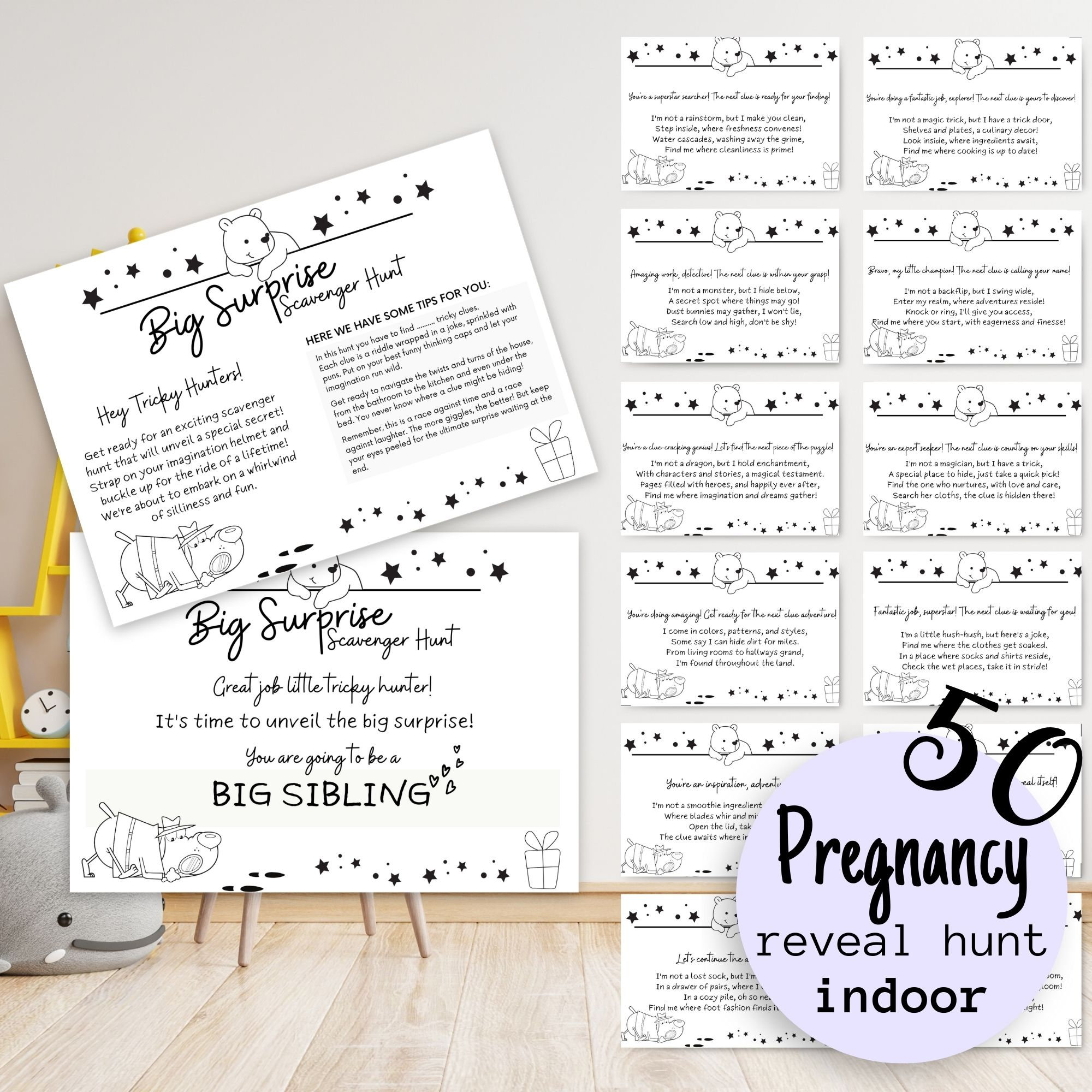Pregnancy Reveal Indoor Scavenger Hunt for Siblings, Treasure Hunt Clue