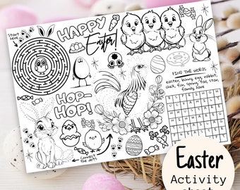 Hoja de actividades de Pascua para niños, página para colorear de la fiesta de Pascua para niños, juegos de cumpleaños temáticos del conejito de Pascua imprimibles, juego de búsqueda de huevos de Pascua