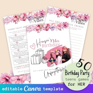 50pc Teen Birthday Girls Party Games Bundle, Printable Games for Her, Kids Mega Game Set for Birthday Party, Editable Canva Game Templates
