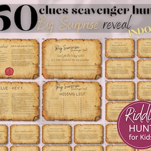 50 Clue Surprise Reveal Indoor Riddle Scavenger Hunt for Siblings, Treasure Hunt Clue Game for Children, Kids Instant Printable Game