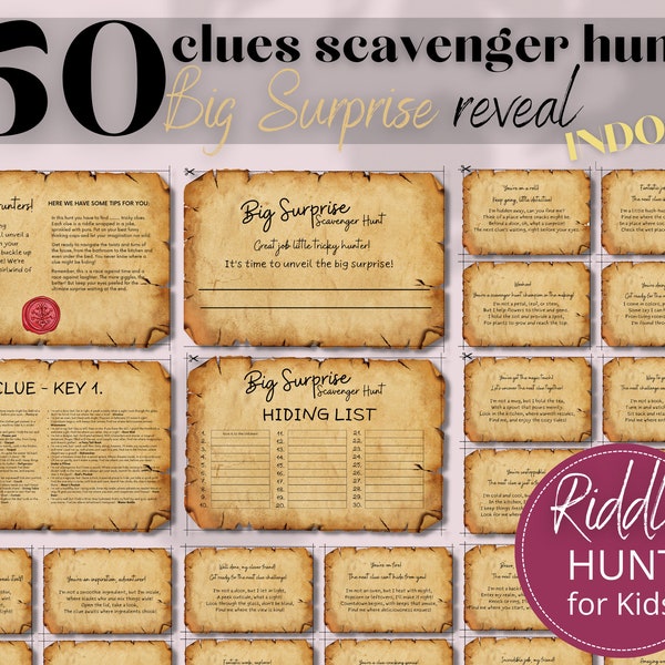 50 Clue Surprise Reveal Indoor Riddle Scavenger Hunt for Siblings, Treasure Hunt Clue Game for Children, Kids Instant Printable Game