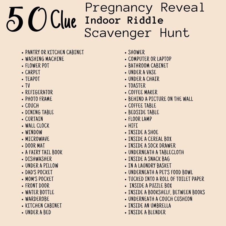 Pregnancy Reveal Indoor Scavenger Hunt for Siblings, Treasure Hunt Clue ...