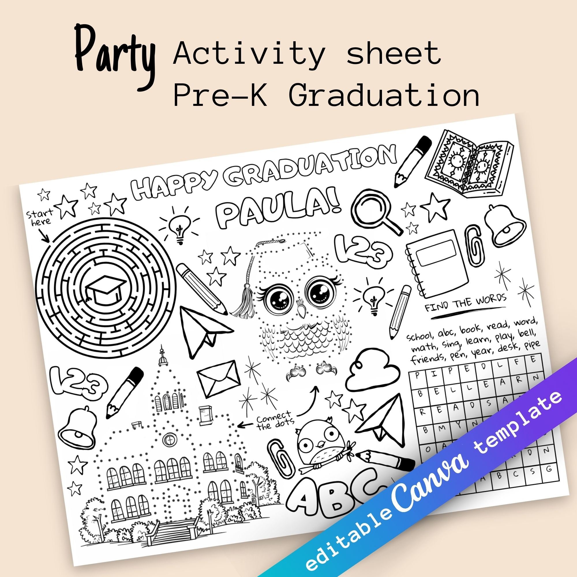 EDITABLE Kids Pre-k School Graduation Party Activity Sheet ...