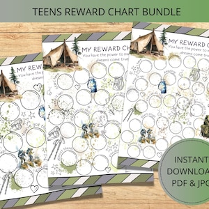 Gráfico imprimible de recompensas de senderismo para adolescentes en el bosque, gráfico básico de comportamiento de los niños en PDF, descarga instantánea, pegatina del programa de refuerzo positivo para adolescentes