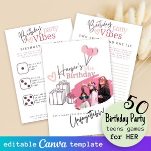 50pc Teen Birthday Girls Party Games Bundle, Printable Games for Her, Kids Mega Game Set for Birthday Party, Editable Canva Game Templates