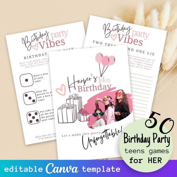 50pc Teen Birthday Girls Party Games Bundle, Printable Games for Her, Kids Mega Game Set for Birthday Party, Editable Canva Game Templates