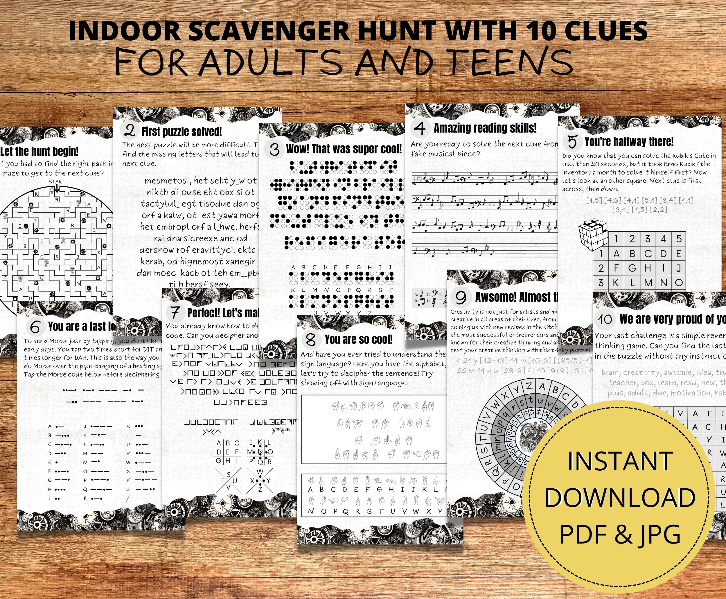 Printable Adult Indoor Scavenger Hunt, Instant Download Teens Treasure ...