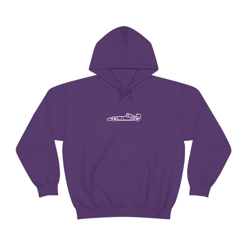 May include: Purple hooded sweatshirt with a white outline of a racing car on the front.