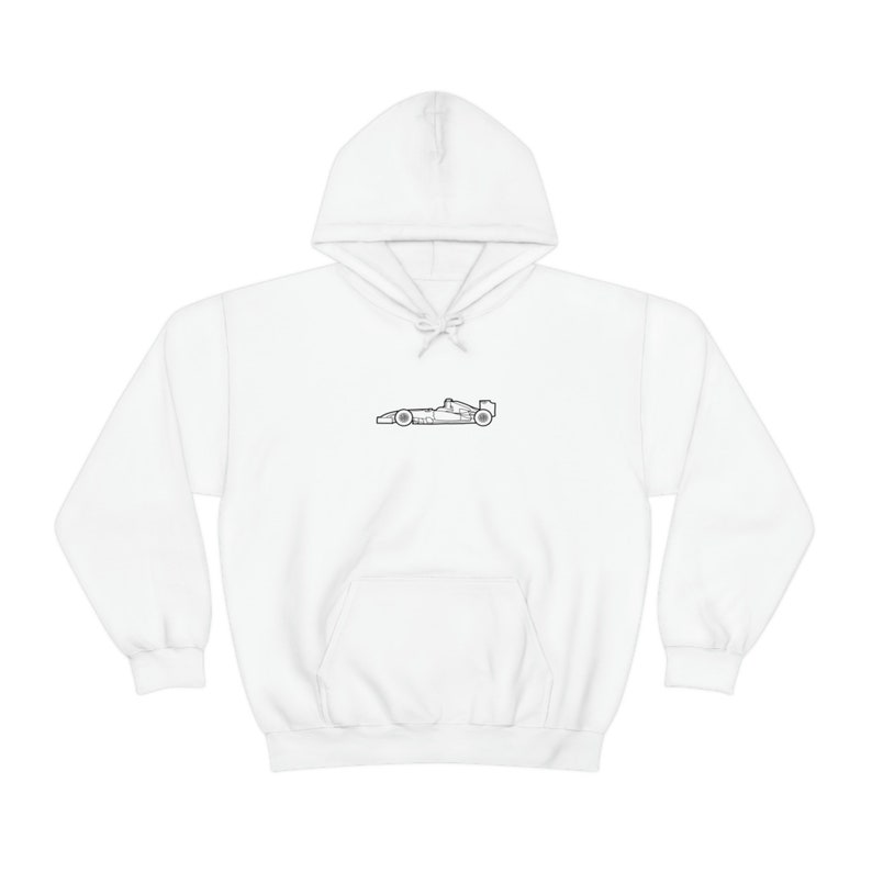 May include: White hooded sweatshirt with a black outline of a racing car on the front.