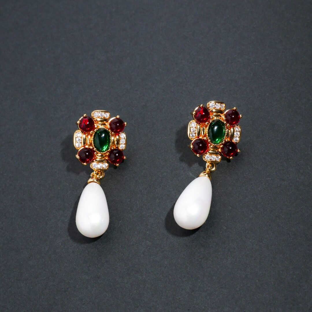Constance Byzantine Style Multi-stone Glaze Pearl Drop Earrings