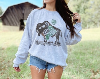 Sweat-shirt graphique Western Buffalo, style vintage du sud-ouest des États-Unis, pull ras du cou à manches longues en bison aztèque