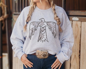 Thunderbird Aztec-mönstertröja, vintage westernstil, sydvästlig ökenfågelgrafik, rund halsringning