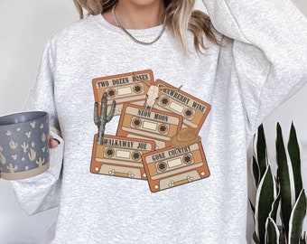 Country Musik Kassetten Sweatshirt, Vintage Style Western Rundhals Pullover, Konzert Shirt Geschenke für Sie