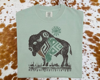 Western Bison Graphic Tee, Vintage Style Aztec Buffalo Southwestern T-shirt, Comfort Colors Tee, Country Gifts For Him Or Her