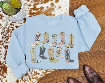 Sudadera con botas de vaquera occidental, suéter de cuello redondo gráfico occidental, regalos campestres para ella