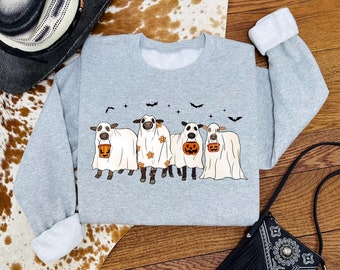 Halloween Cow Sweatshirt, Western Fall Cows Ghost Graphic Sweater, Country Farm Animal Crewneck
