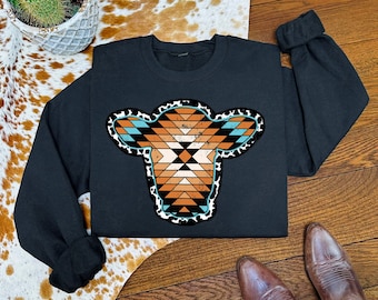 Aztec Style Western Cow Sweatshirt, Cowhide Graphic Sweater, Cute Cattle Cow Pattern Crewneck