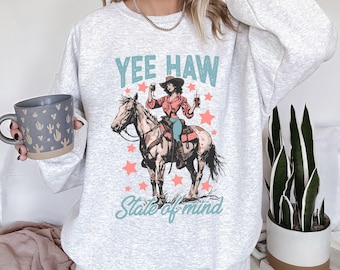 Sudadera Yee Haw State Of Mind, suéter gráfico occidental divertido, sudadera rodeo cowgirl Crewneck, regalos campestres para ella