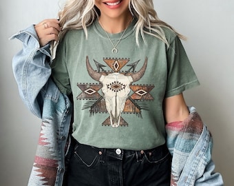Aztec Longhorn Skull Tee, Western Vintage Style Graphic T-Shirt, Country Gifts For Him Or Her