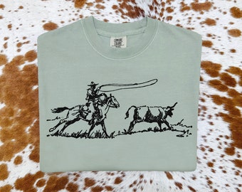 Western Roper Grafik-T-Shirt, Cowboy-Vintage-Stil-T-Shirt, Komfortfarben-Shirt, Cowgirl-T-Shirt, Landgeschenkidee