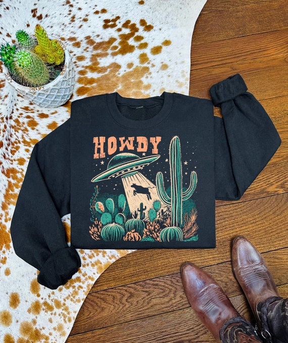 UFO Cow Howdy Sweatshirt, Funny Western Graphic Crewneck Sweater, Country Gifts For Him Or Her
