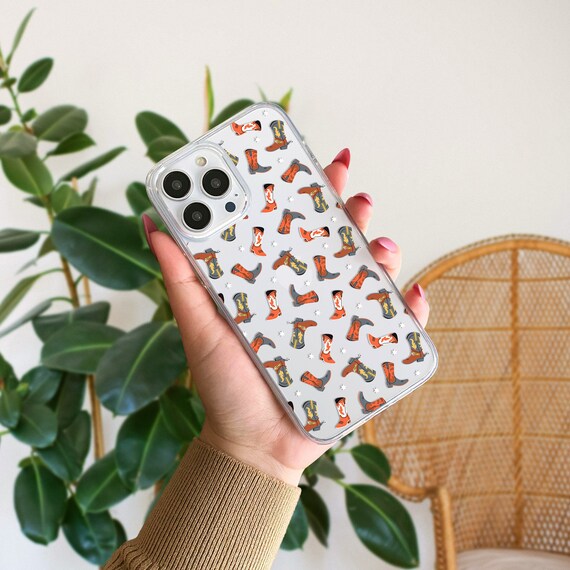 Cowgirl Phone Case, Western Cowboy Boots Rodeo Pattern Clear Iphone Case, iPhone 15 14 13 12 11 8 7 XS XR Pro Plus Max Mini