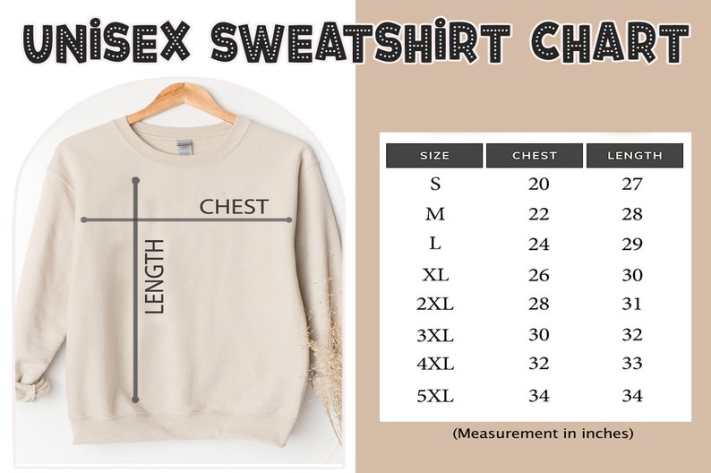 Peut inclure: Tableau des tailles de sweat-shirt unisexe avec des mesures en pouces pour la poitrine et la longueur. Les tailles vont du S au 5XL.