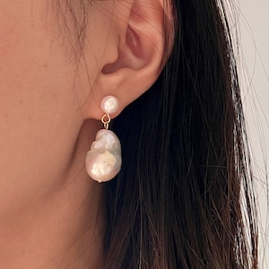 Large Baroque Pearl Drop Earrings, Natural Freshwater Baroque Pearl, Handmade Wedding Jewelry, Minimalist Dainty Pearl Earrings