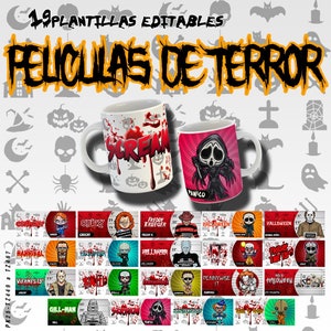 Puede incluir: Dos tazas de cerámica blanca con diseños de películas de terror de Halloween. Una taza dice "SCREAM" con salpicaduras de sangre, la otra presenta un fantasma de dibujos animados con la palabra "PANICO". La imagen también incluye una colección de diseños de personajes de películas de terror.