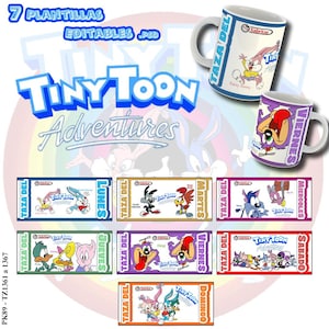 Puede incluir: Siete diseños de tazas imprimibles con personajes de la caricatura Tiny Toon Adventures. Cada diseño de taza presenta un día diferente de la semana y un personaje diferente. Las tazas son blancas con diseños coloridos.