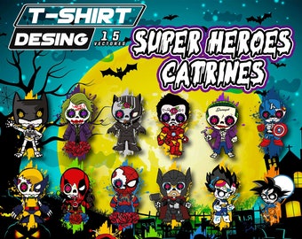 15 Superhero Skull Vector T-shirt Designs for Day of the Dead and Halloween