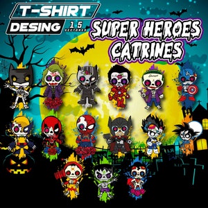 15 Vector Designs Tshirts Designs Super Hero Skulls for Day of the Dead and Halloween
