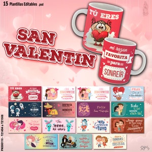 15 Plantillas editables para sublimar tazas de San Valentin con frases de amor