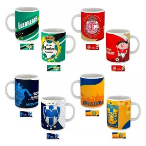 May include: Collection of white ceramic mugs featuring various soccer team logos and designs. The mugs display team names like "Guerreros", "Santos Laguna", "Toluca", "Rayados Monterrey", and "Tigres UANL", with vibrant colors and graphics.