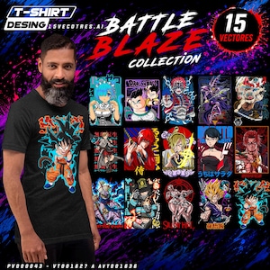 15 Anime Vector Designs Bundle AI PNG | T-Shirt Print Files | Hoodie Cap Graphics | Sublimation & DTF Ready | Battle Blaze Collection