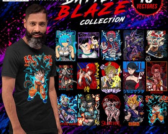 May include: A black t-shirt featuring a graphic of a spiky-haired anime character in an orange gi surrounded by blue energy. The background displays a collection of 15 anime-themed vector illustrations with text including BATTLE BLAZE COLLECTION.