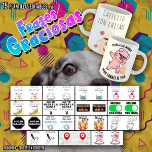 Può includere: Una collezione di tazze in ceramica bianca con frasi e illustrazioni umoristiche. Una tazza dice "CAFECITO CON CHISME" e un'altra dice "YO IBA A SER MODELO PERO CONOCI EL PAN". L'immagine include anche vari piccoli disegni grafici.